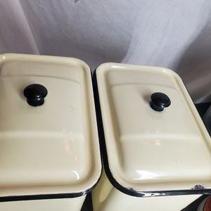 Pair Vintage Cream Yellow Black Rimmed Enamelware Lidded Rectangular Canisters